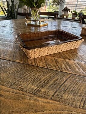 Vintage Pyrex 232 amber glass baking dish with Rattan Serving Tray